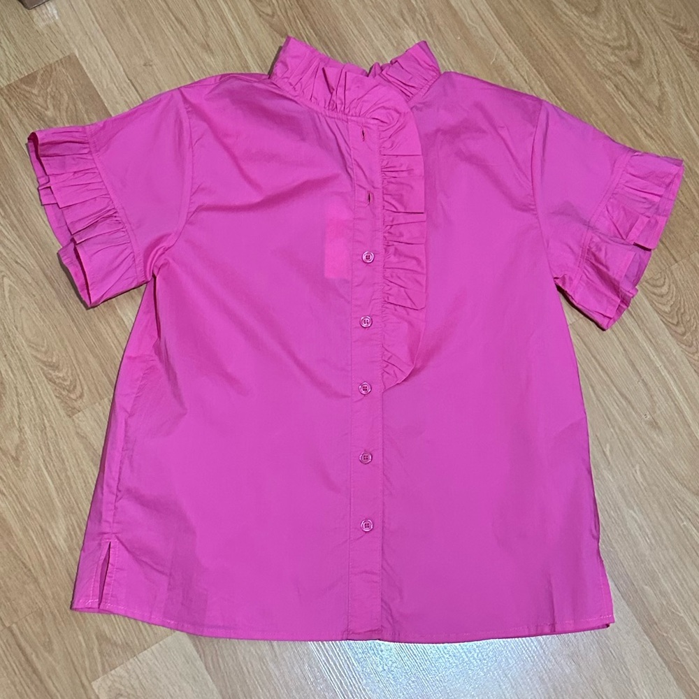 Bright Pink Ruffle-Front Short Sleeve Blouse - Picture 4 of 4